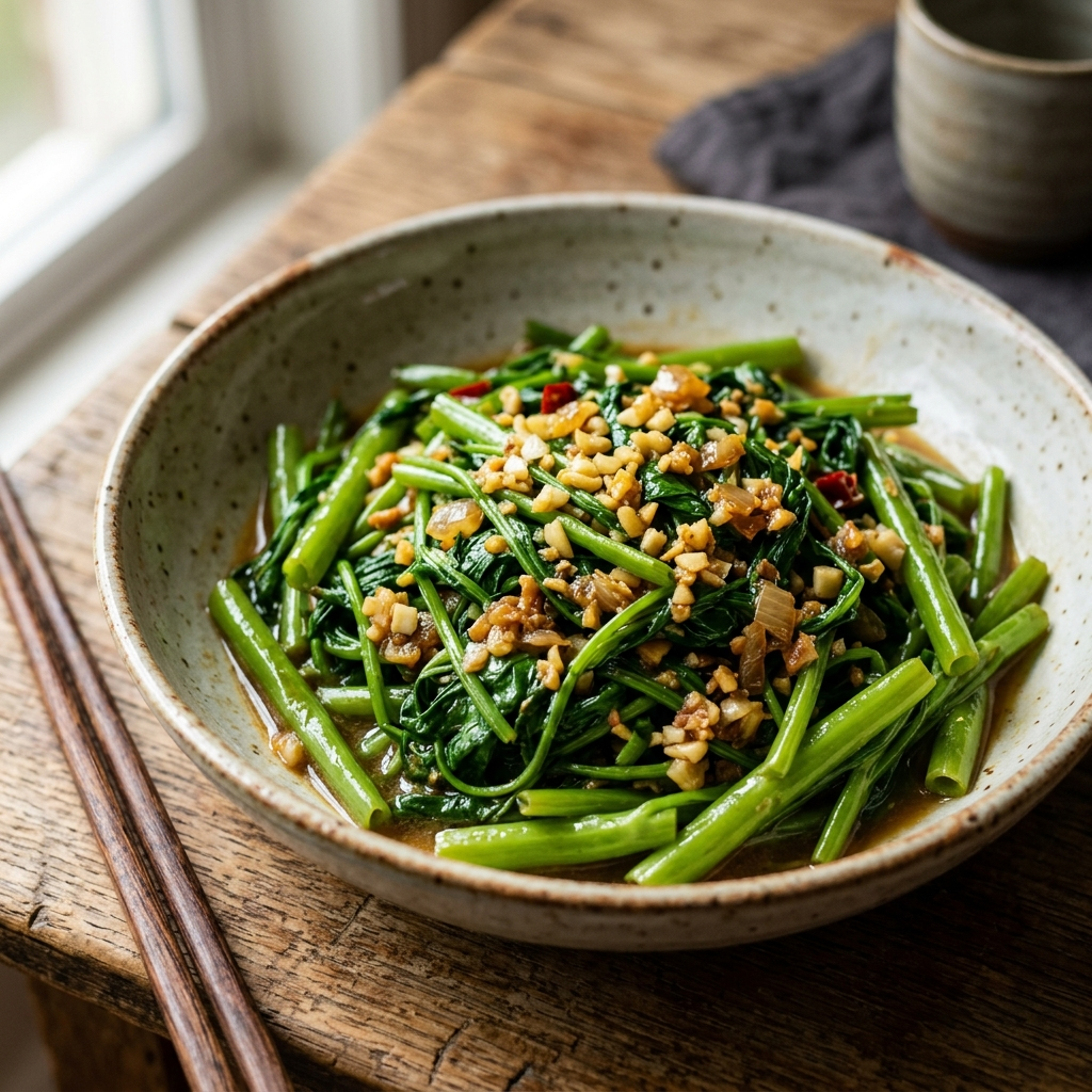 Stir-fried water spinach with garlic and fermented bean curd / 蒜蓉腐乳炒通菜